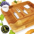 thumbnail image 6 of NutriChef PKCZBD10.5 - Bamboo Cheese Cutting Board Set - Flat Wood Serving Platter for Picnic Food or Wine - Rectangle Fruit and Meat Plate Kit w/ Bowl, Closing Drawer Tray, 4 Stainless Steel Knives, 6 of 9