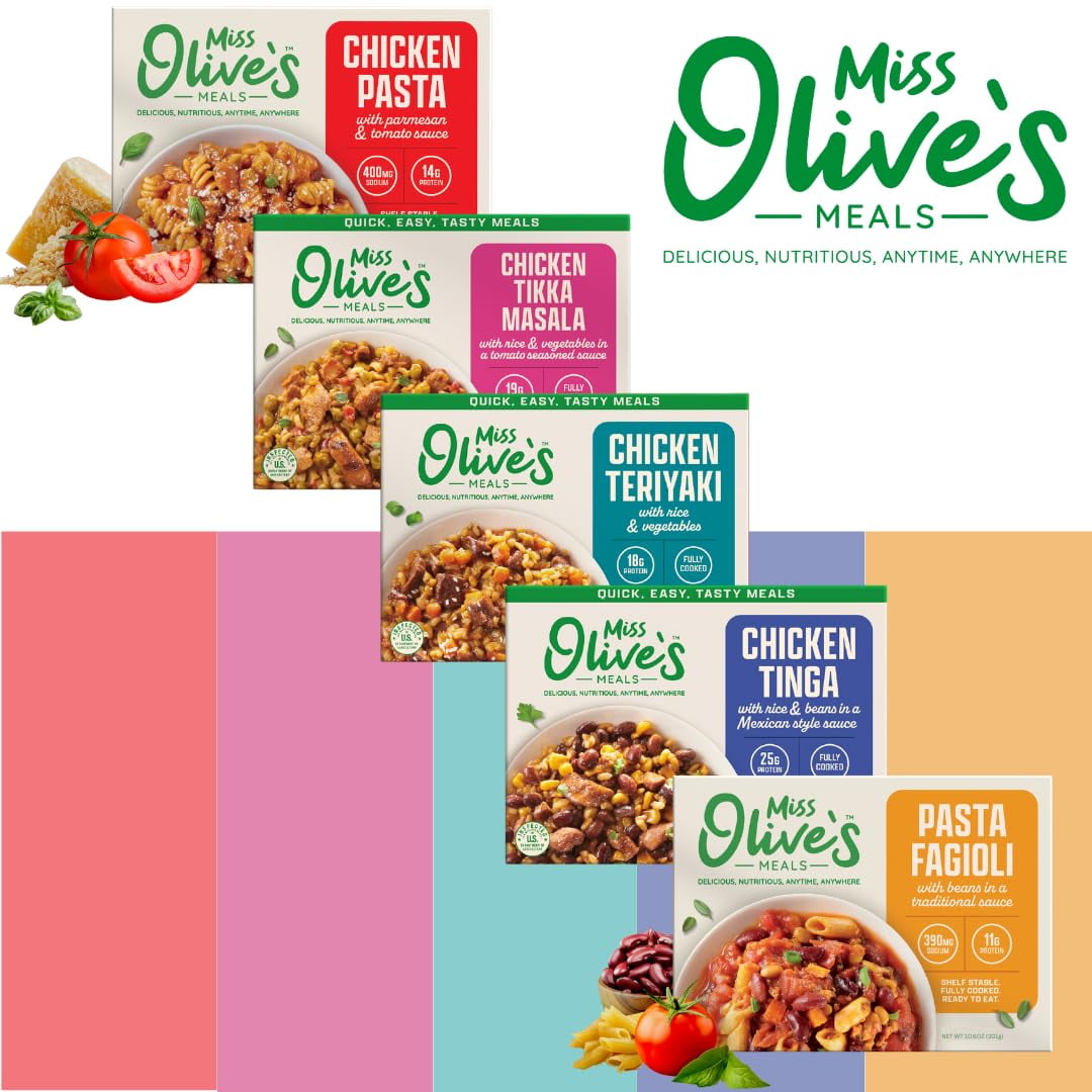 Miss Olives Ready Meals Variety Pack 5 Pack of Ready-to-Eat Microwaveable Meals Tinga, Tikka, Teriyaki, Pasta Fagioli & Chicken Parm, Bigger Portion Sizes, Heat & Serve Convenience