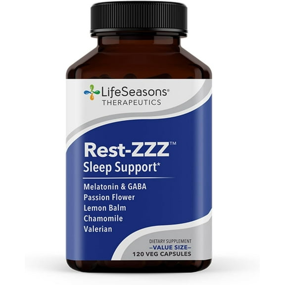 LifeSeasons Rest-ZZZ - Natural Sleep Support Supplement - Fall Asleep & Stay Asleep - Calms Nervous System - Ease Muscle Tension & Restlessness - Low Dose Melatonin GABA & Chamomile - 120 Capsules