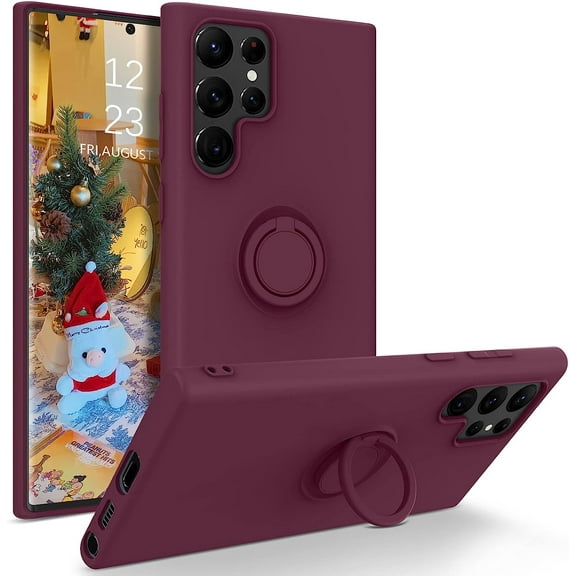 For Samsung Galaxy S22 Ultra 5G Case, Liquid Silicone Slim Soft Gel Rubber Cover with Ring Kickstand Car Mount Function Shockproof Protective Phone Case for Samsung S22 Ultra 6.8", Wine Red