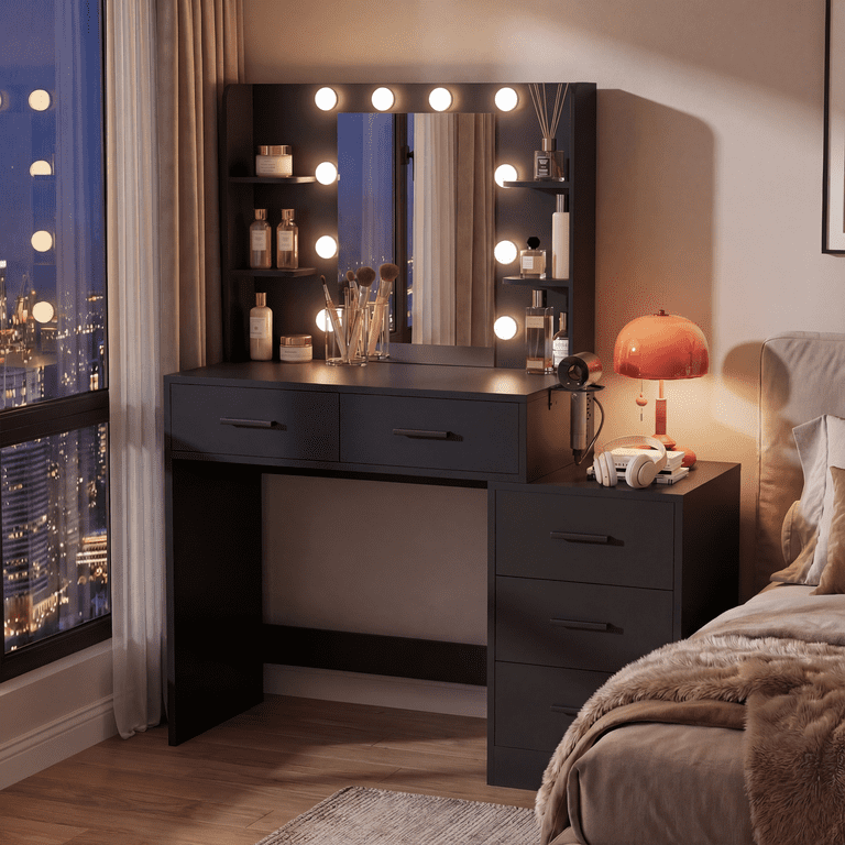 Lacoo Vanity Desk with 5 Drawers & Charging Station, Makeup Vanity with Lights & 4 Shelves, Dressing Table for Bedroom, Black