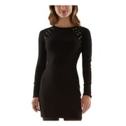 BCX Womens Black Ribbed Laced Grommets Raglan Sleeve Crew Neck Above The Knee Party Sweater Dress XXS