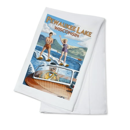 

Pewaukee Lake Wisconsin Water Skiing Scene (100% Cotton Tea Towel Decorative Hand Towel Kitchen and Home)