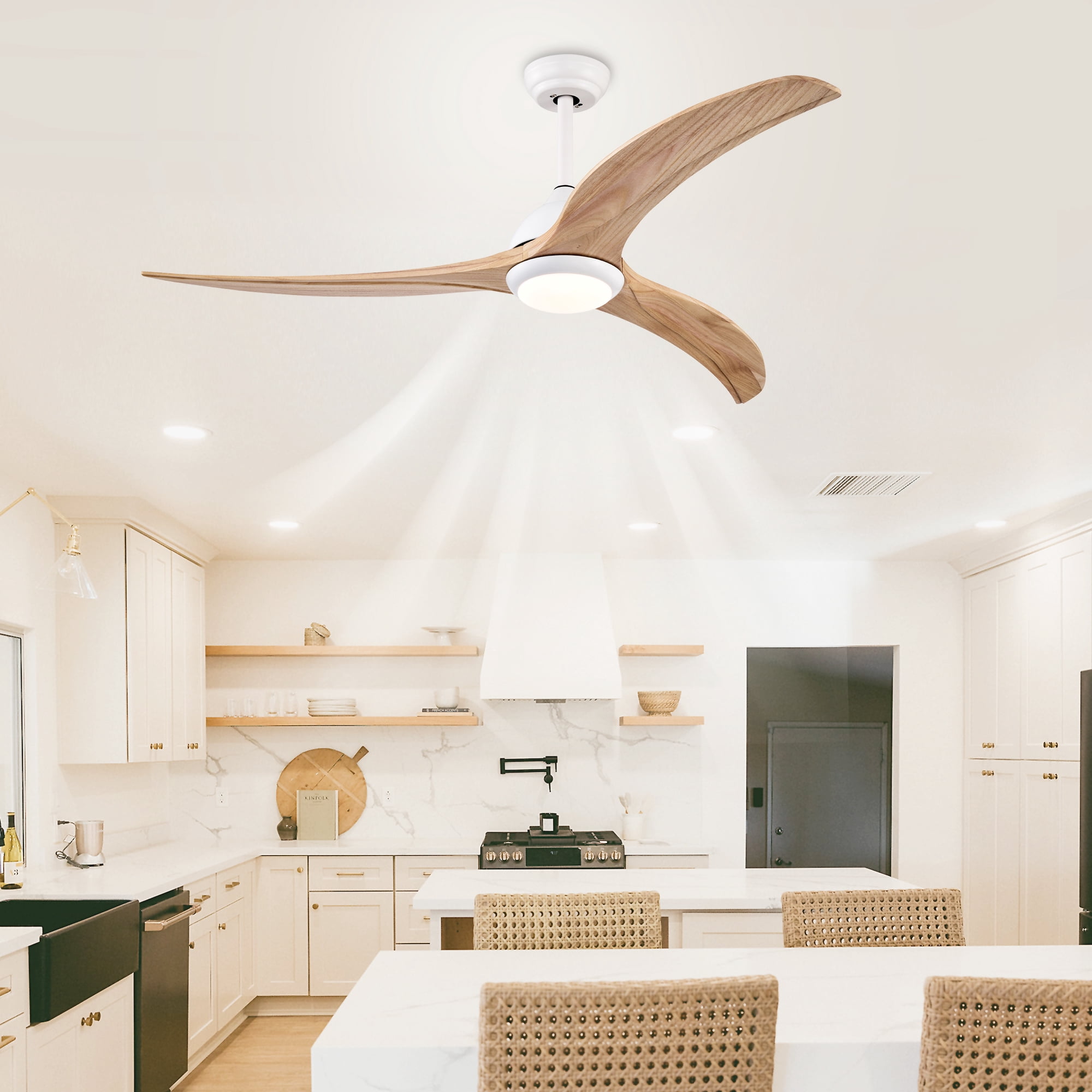 Ceiling Fan with Light, 52 Inch Reversible Noiseless Fan for Home Indoor Living Bedroom, Matte White Natural Wood