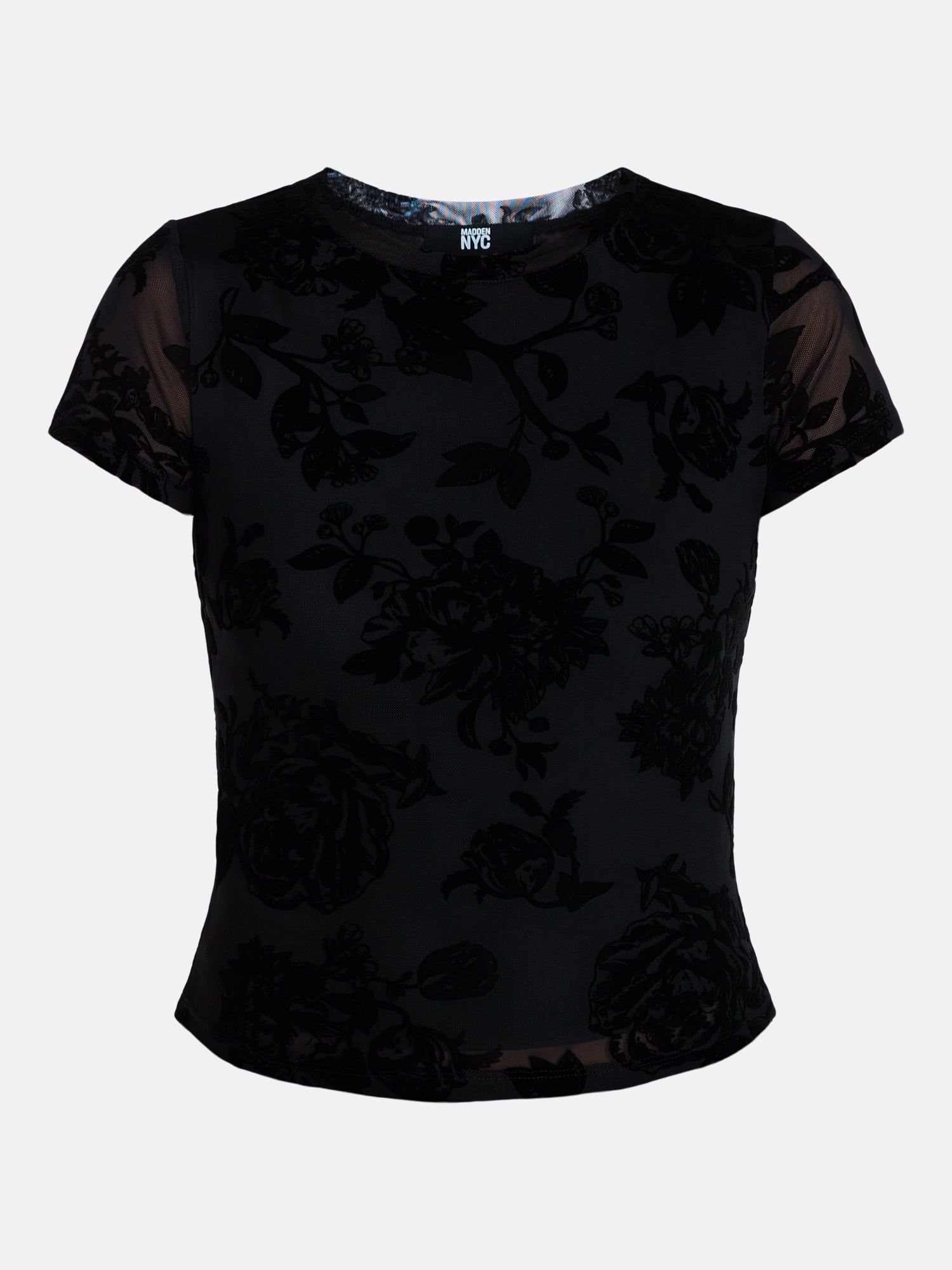 Madden NYC Women’s Flocked Floral Mesh Crewneck Tee with Short Sleeves, Sizes XXS-XXL