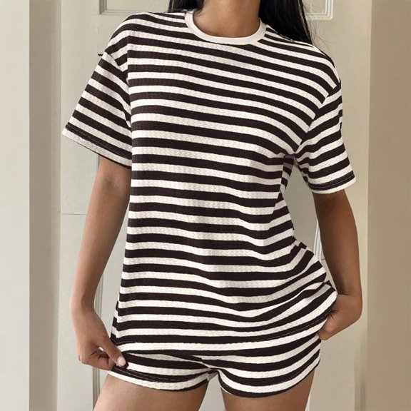 Morttic Women's Summer Casual Waffle Knit Stripe 2 Piece Set – Crew Neck Short Sleeve Top & High Waist Shorts Lounge Outfit Coffee,S