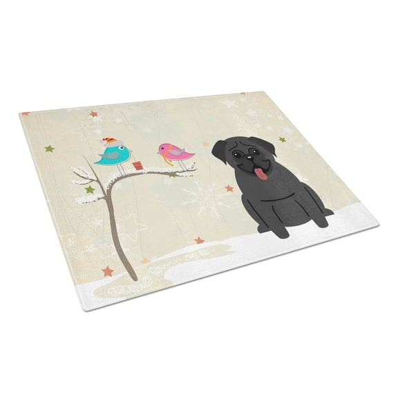 Caroline's Treasures Christmas Presents between Friends Pug Black Glass Cutting Board Large