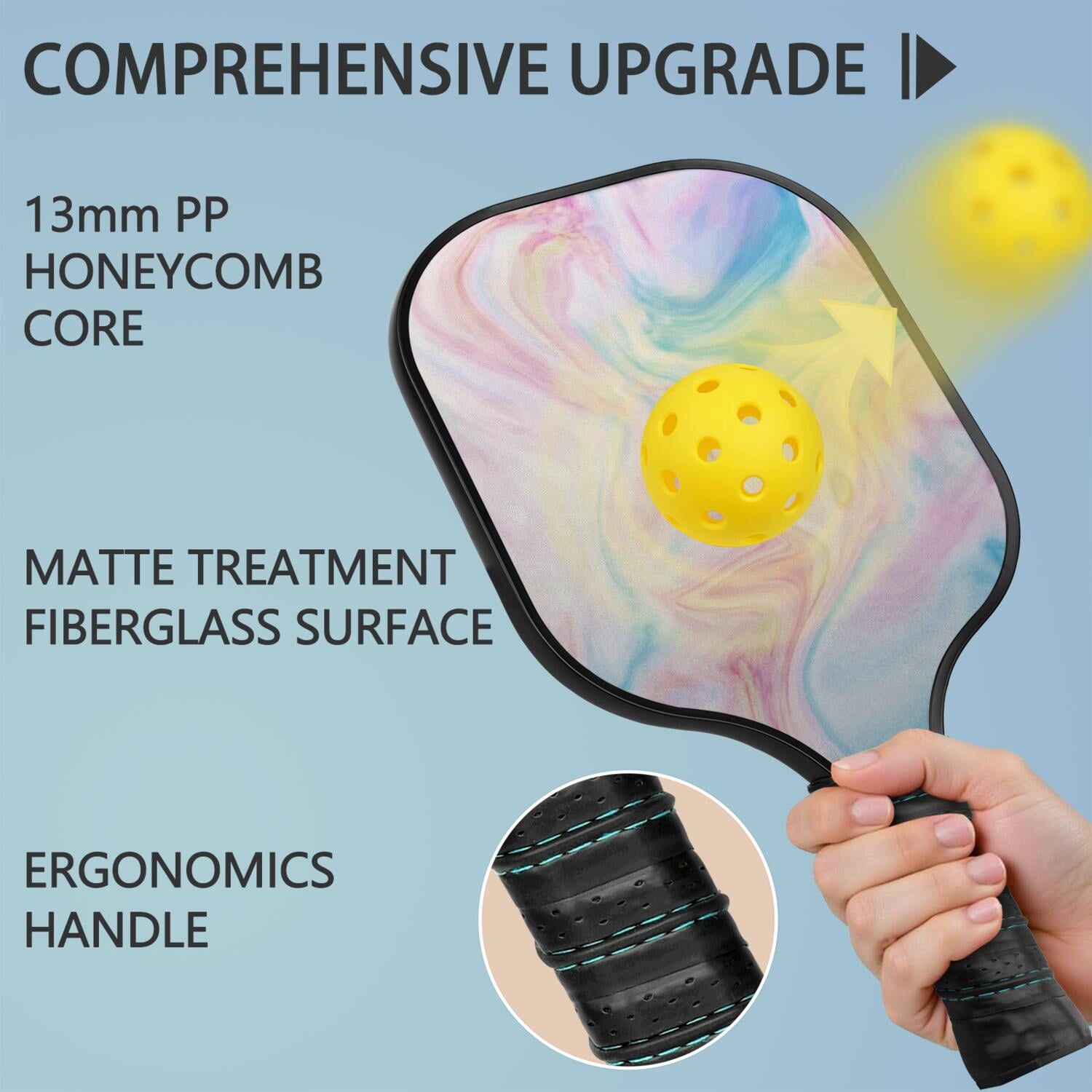 Pickleball Paddles Set Of 2, Fiberglass Surface, Liquid & Marble Print, 4 Balls & Bag