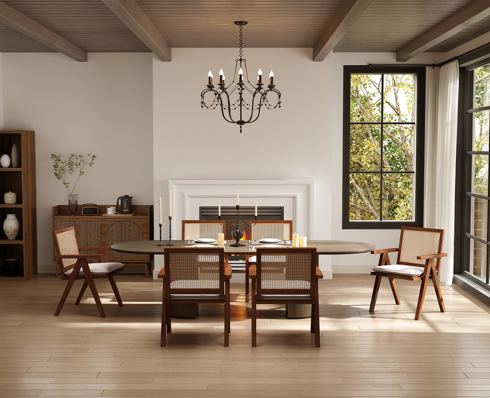 Guyou Modern Rattan Dining Chair Set of 2, Mid-century French Farmhouse Upholstered Solid Wood Armchair Reading Chair, Retro Accent Chair with Woven Back and Walnut Base, Beige Fabric