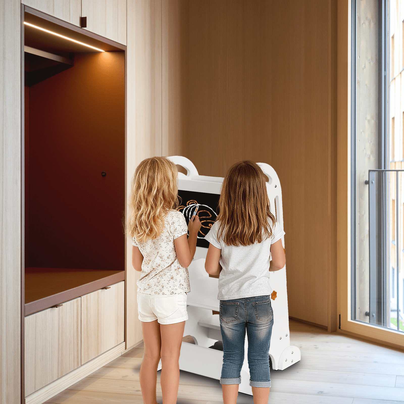 G TALECO GEAR Toddler Tower with Chalkboard, Toddler Kitchen Kids Step Stool Helper, Wooden Stool with Rounded Corner Protection Design, White