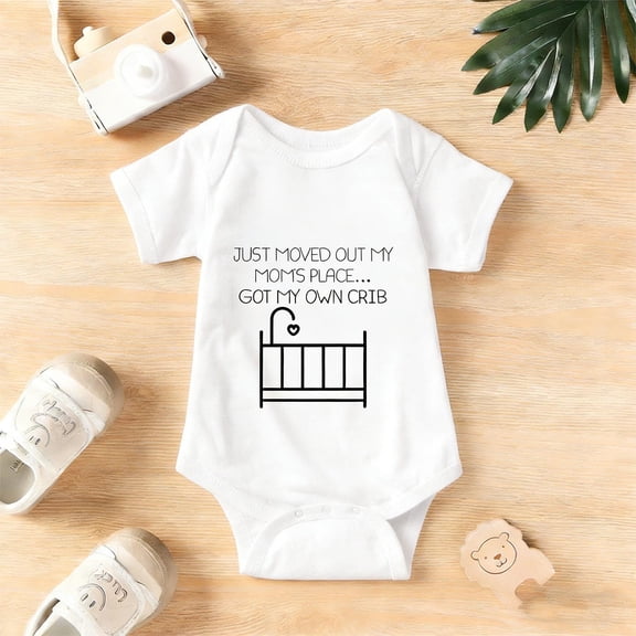 Funny “Just Moved Out of Mom’s Place, Got My Own Crib” Baby Bodysuit | Newborn Romper with Adult Humor 0-24M | Cute Gift for New Moms, Unisex Infant Outfit
