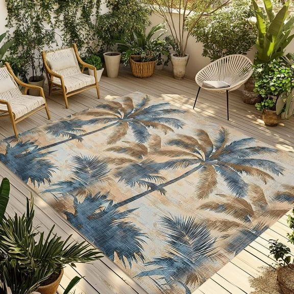 Fsddascl Navy Blue Brown Outdoor Rug for Patio/Deck/Porch, Non-Slip Large Area Rug 4 x 6 Ft, Tropical Botanical Palm Leaves Retro Indoor Outdoor Rugs Washable Area Rugs, Camping Rug Carpet