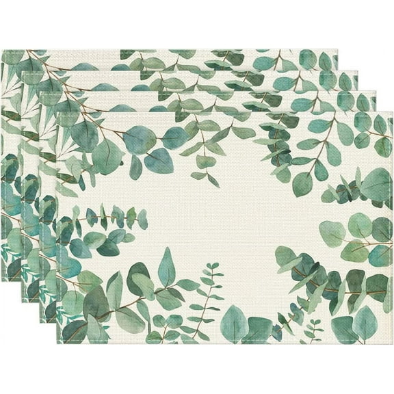 Eucalyptus Leaves Placemats for Dining Table Set of 4, Spring Summer Seasonal Decoration Rustic Washable Table Mats,12 x 18 Inch