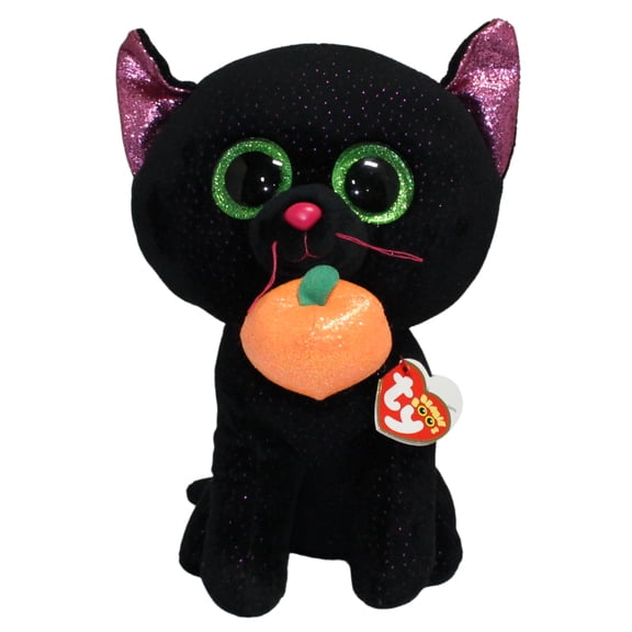Ty Beanie Boos -  Potion the Black & Purple Cat with a Pumpkin  – Medium (9.75")  – Glitter Eyes  - Stuffed Animal