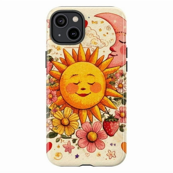 Boho Sun and Moon Phone Case, Retro Floral Celestial Astrology iPhone Cover, Vintage Artistic Protective Case for iPhone 17 16 15 14 13 12 11 Plus Pro Max Mini