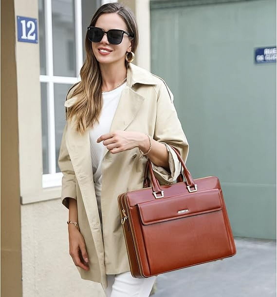 RKXQT Leather 15.6 Inch Business Briefcase for Women with 2 Zipper Compartments Laptop bag