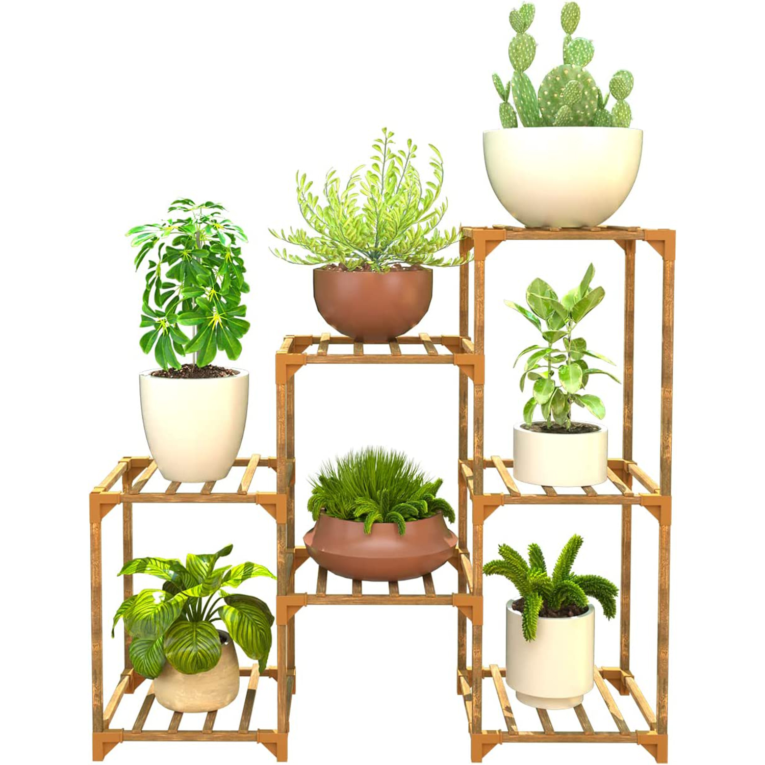 Wood Plant Stand, Indoor Outdoor Tiered Plant Shelf, 5 Tiers 7 Potted