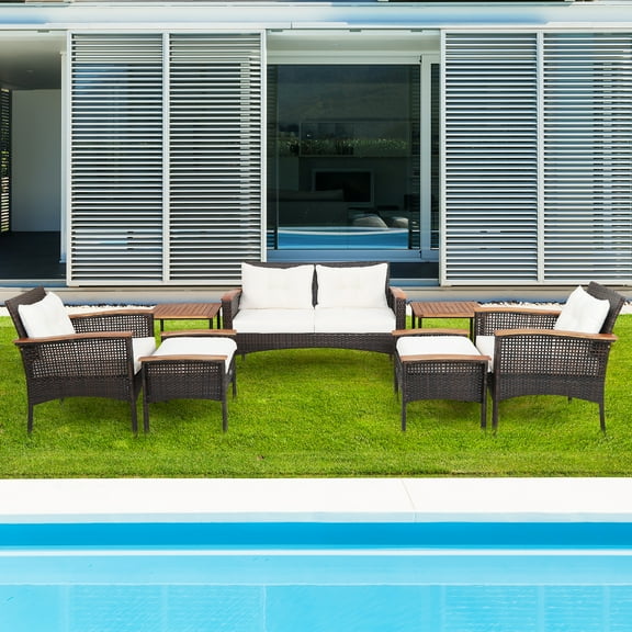 Costway 7PCS Patio Rattan Furniture Set  Cushioned Loveseat Sofa Ottoman Table