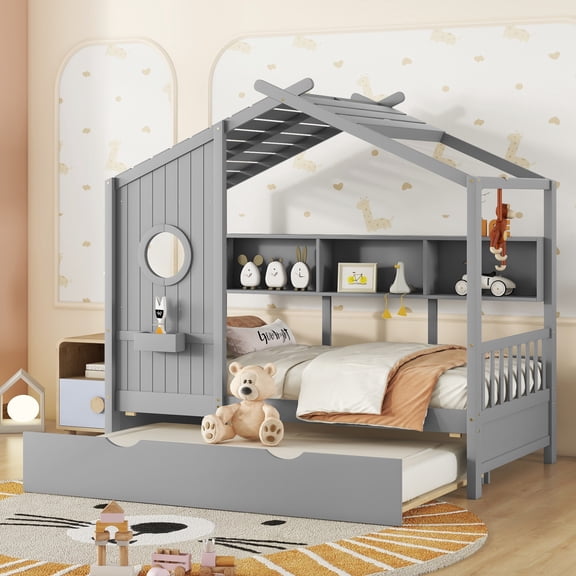 Twin Size House Bed with Trundle and Storage Shlef, Wooden Platform Beds Frame with Semi-Enclosed Design, Storage Bed Frame for Bedroom, Gray