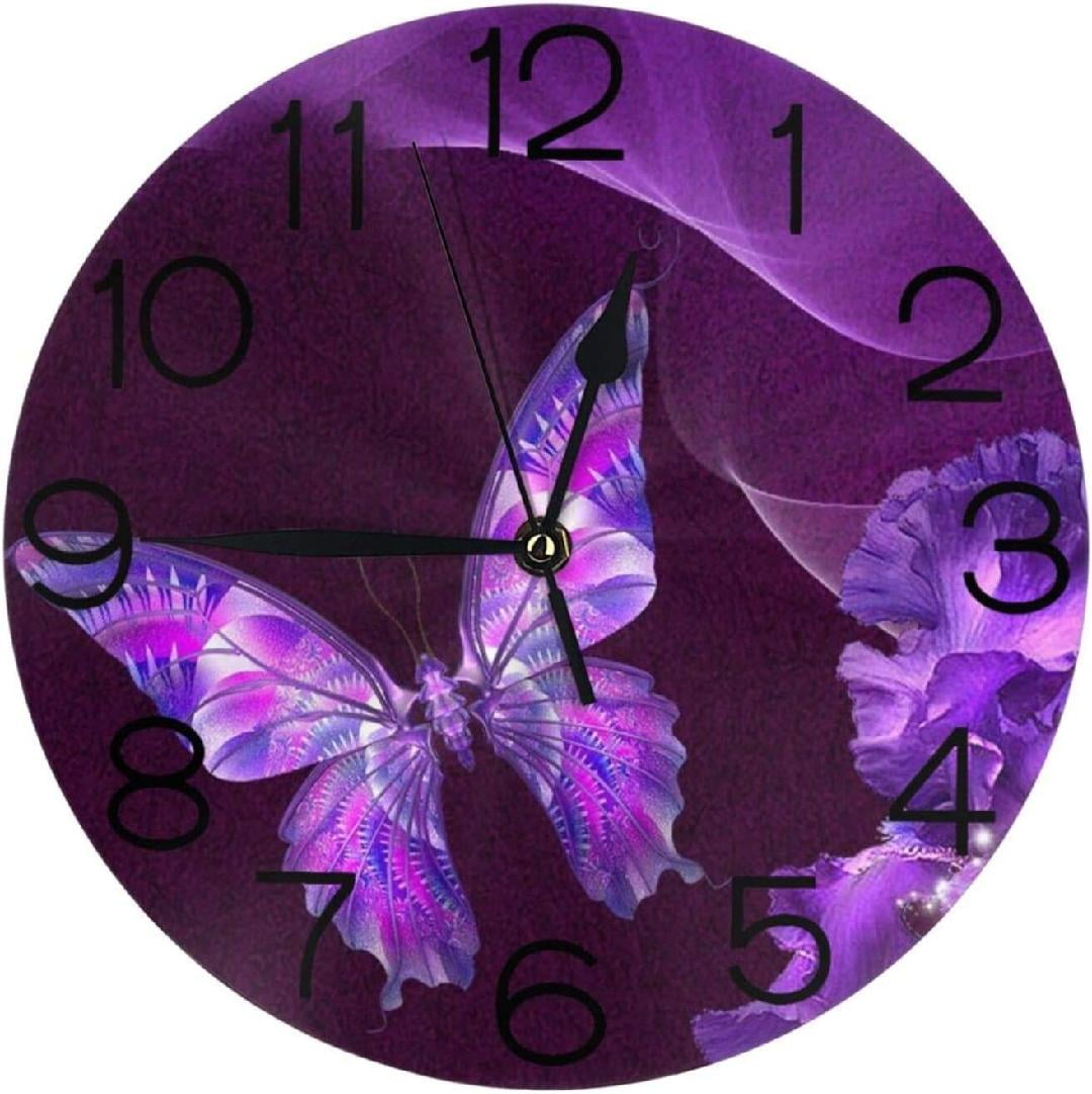 Purple Butterfly and Flower Wall Clock Silent NonTicking 10 Inch Round