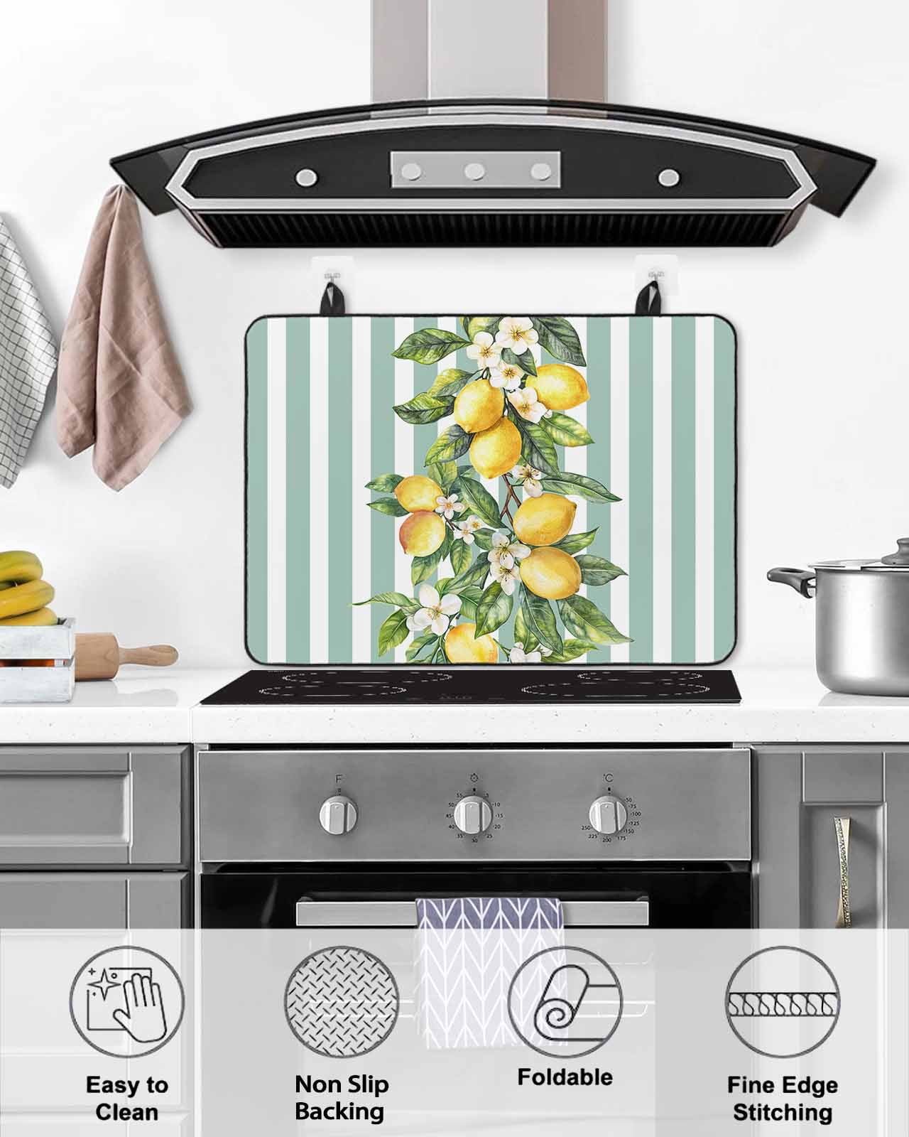 nqOlkjepod Large Induction Cooktop Protector Mat 28.5"x20.5", Aqua Stripes Lemon Stove Top Covers for Electric Stove, Spring Botanical Plant Vertical Line Stove Burner Cover Mats Stove Cover
