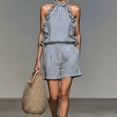 thumbnail image 2 of Women's Striped Ruffle Halter Sleeveless Tank Top Drawstring Pocket Shorts 2 Piece Outfit, Summer Beach Casual Matching Set Blue XL(XL), 2 of 5