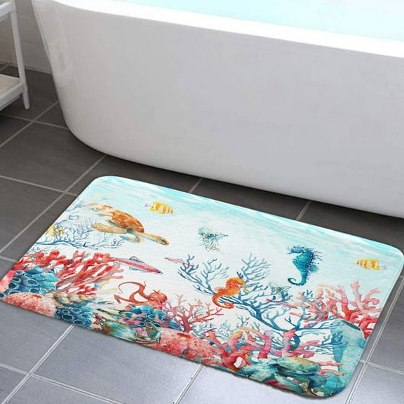 Nautical Beach Non-slip Bath Mats Rugs, Sea World Blue Ocean Bathroom Mats Rugs, Coral Sea Horse Turtle Octopus Door Mats for Kitchen Living Room and Bathroom 17X29in