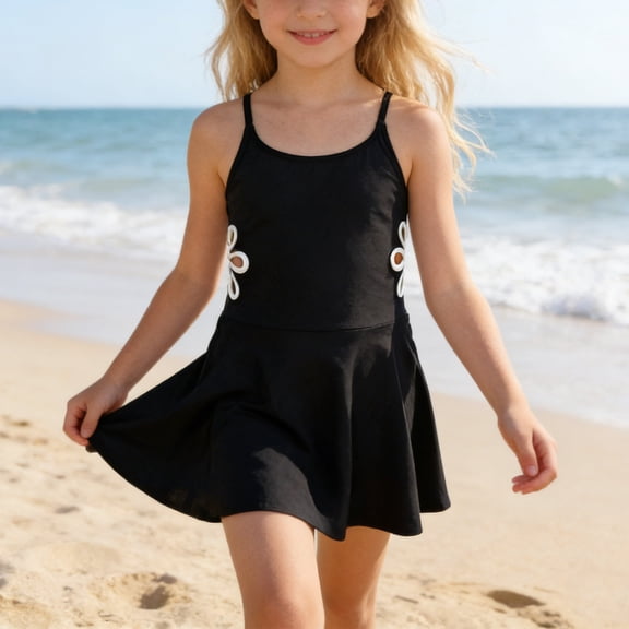 Conairie Girls Swimsuit One Piece Cute Solid Kids Ruffle Skirt Swimwear with Sun Protection Adjustable Straps Bathing Suit Black