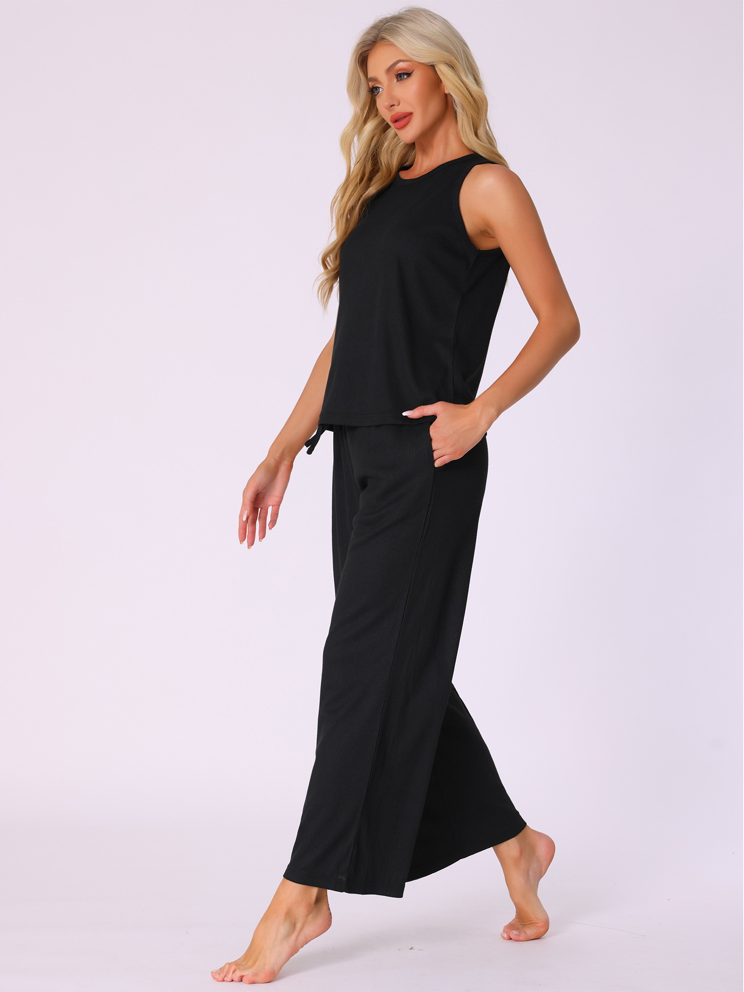 DARING DIVA Tank Pajama Waffle Knit Wige Leg Pants 2 Piece Lounge Set M Black