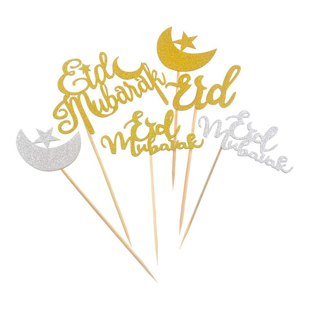 Ramadan Mubarak Cupcake Toppers Gold Glitter Cake Decorations Picks 