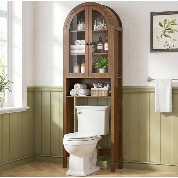 Arched Over-Toilet Storage Cabinet with Acrylic Doors, 4-Tier Slim Bathroom Shelf Organizer, Adjustable Shelves, Walnut Finish