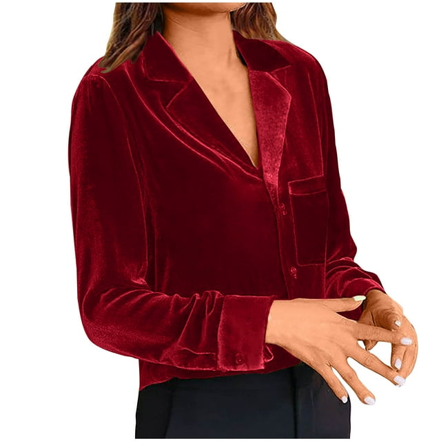 Besolor Chemise en Velours pour Femmes Col à Revers Manches Longues Boutonnée 2024 Tendance Hauts en Velours Tuniques Rouges