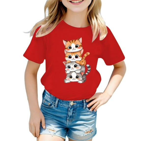 WOYY Little Girls Cute Cartoon Cat Graphic Tee Cotton Short Sleeve T-Shirt, Sizes 3-12