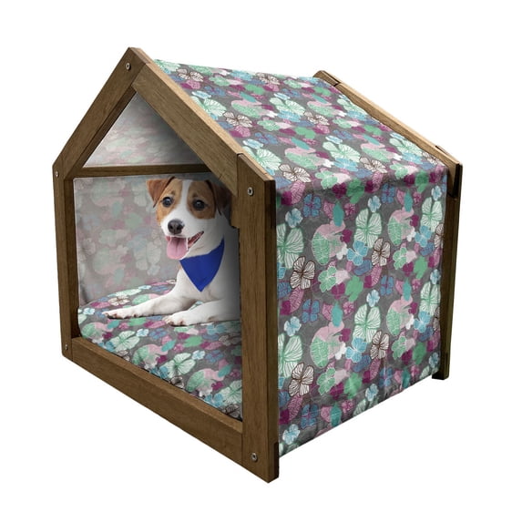 Exotic Pet House, Tropic Accents Hawaiian Blossom Revival Plants Hibiscus Pastel Toned Illustration, Outdoor & Indoor Portable Dog Kennel with Pillow and Cover, 5 Sizes, Multicolor, by Ambesonne