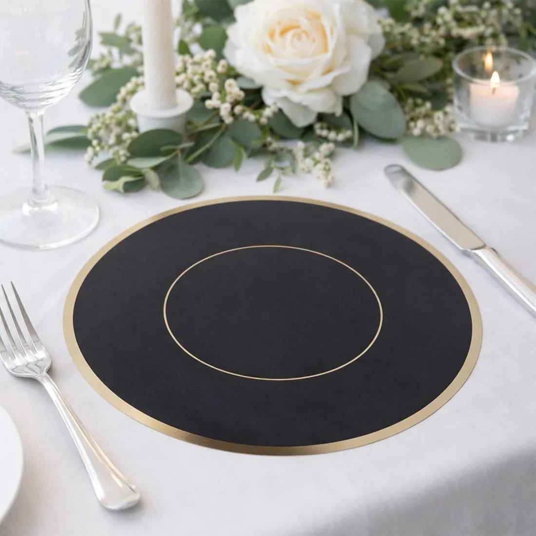 50 Black Disposable 13 in Round Cardboard Paper Table Placemats with Gold Rim