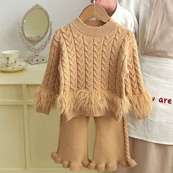 FAOWME Toddler Kids Girls Set Two Piece Long Sleeve Solid Color Knit Sweater And Pants Fashion Comfortable Warm Outfit For Full Winter Daily Wear,Khaki,3-4 Years