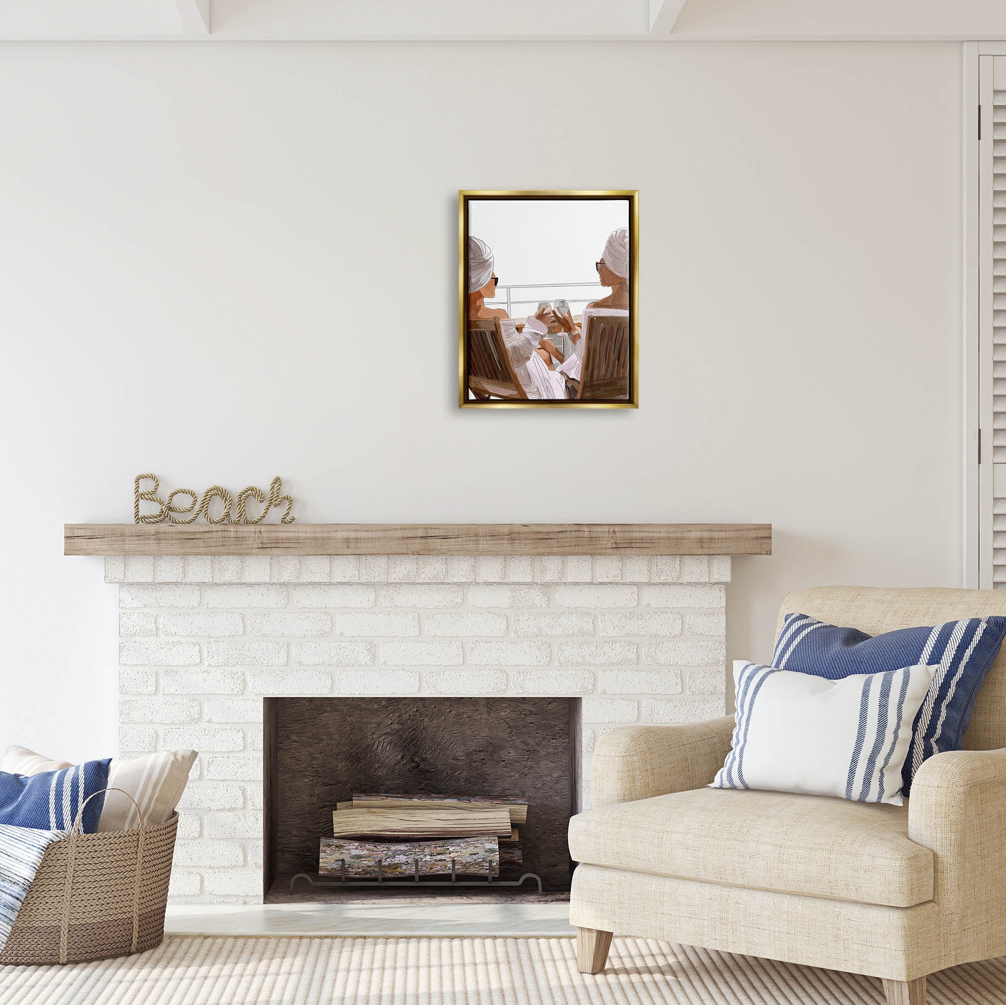 Stupell Industries Summer Friends Relaxing on Beach Coastal Painting Gold Floater Framed Art Print Wall Art