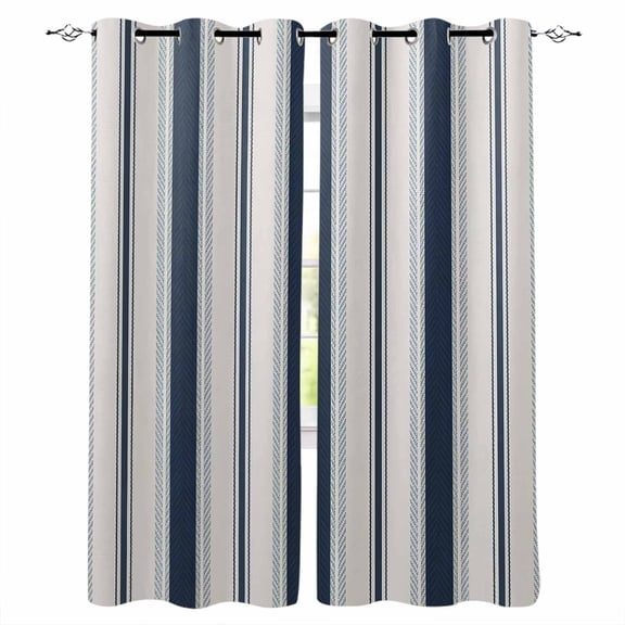 Navy Blue Beige Blackout Curtains for Bedroom Living Room Darkening Curtains 63 Inches Long Retro Simple Abstract Vertical Stripes Window Curtain 2 Panels Set Window Treatment Grommet Drapes 52"x63"