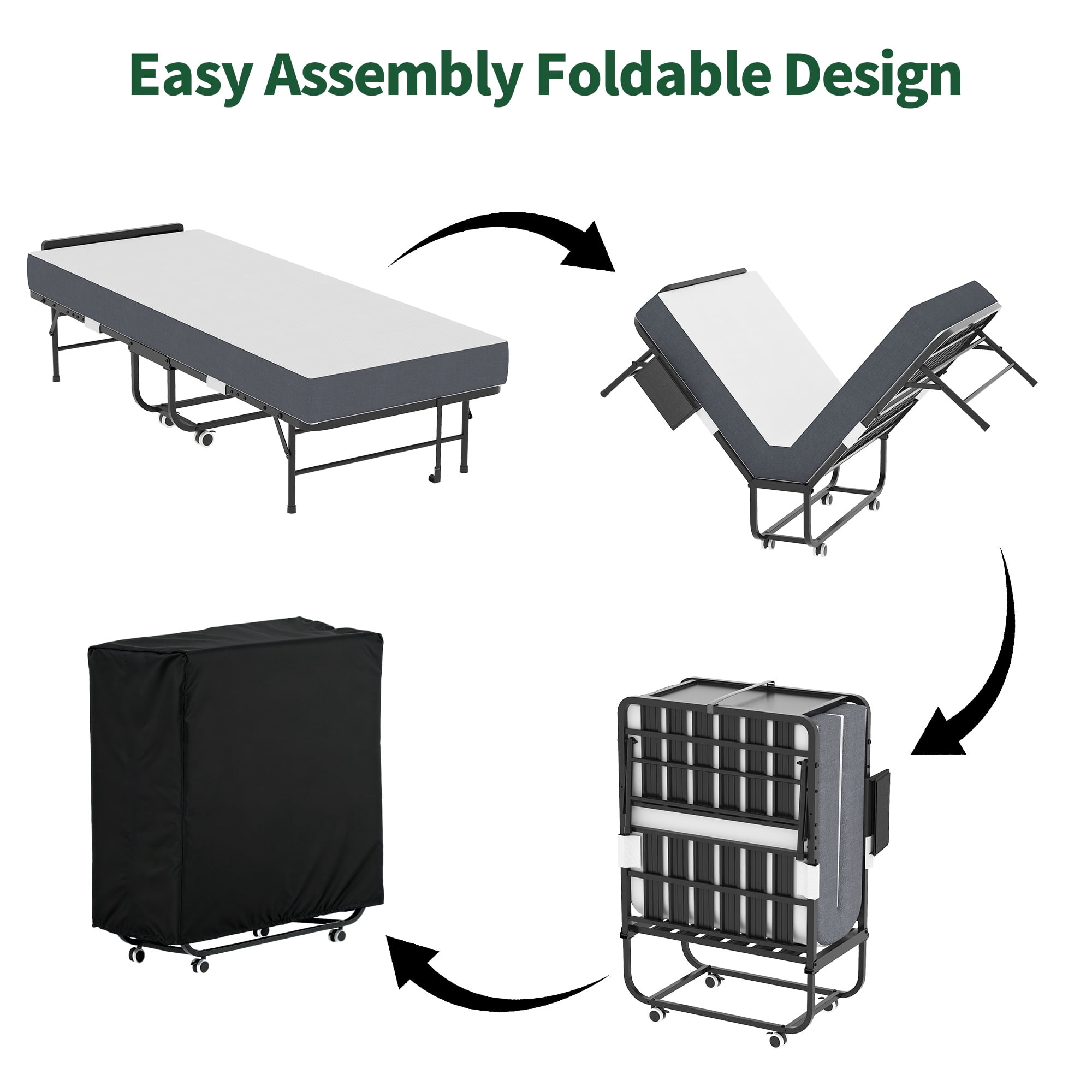 PORKISS Folding Bed with Mattress and Headboard for Adults, Rollaway Guest Bed with 5" Memory Foam Mattress, Portable Foldable Bed with Locking Wheels, Space Saving Bed, 74.8"x 30.7" + Headboard