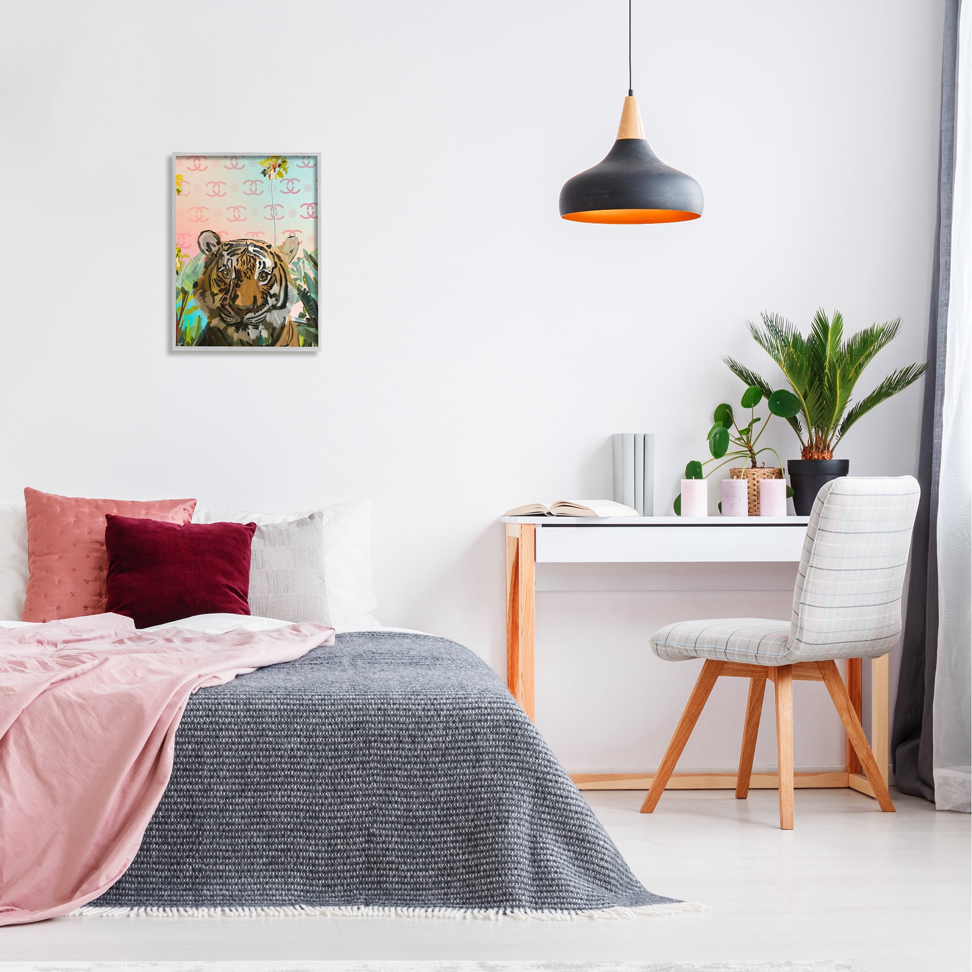 Stupell Industries Glam Tropical Tiger Animals & Insects Painting Gray Framed Art Print Wall Art, 16 x 20