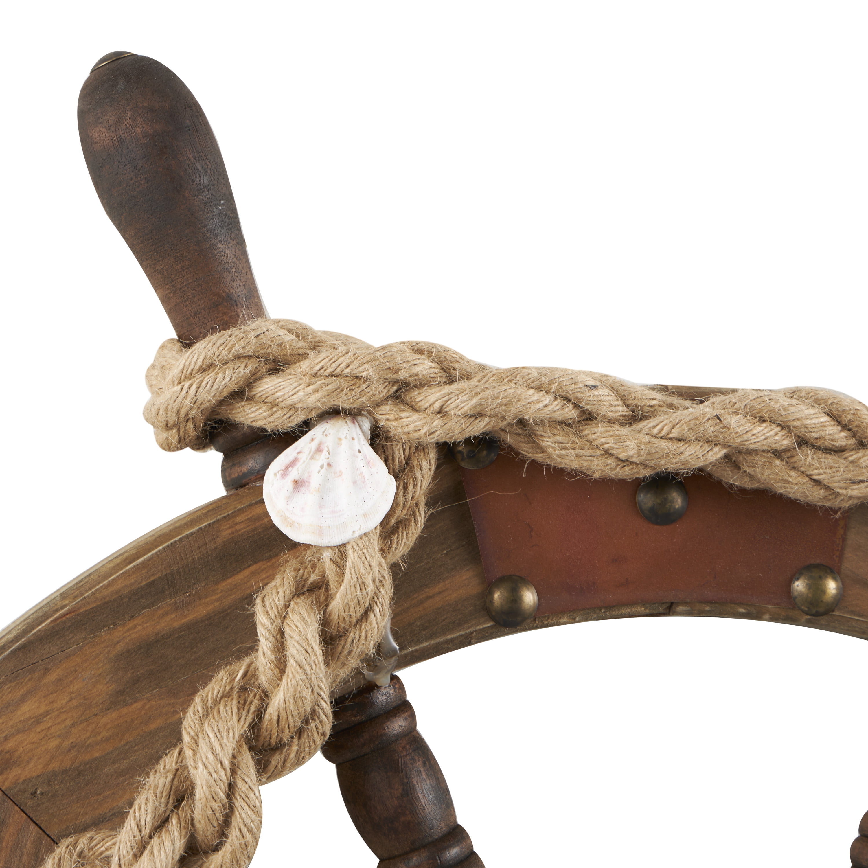 DecMode Brown Wood Handmade Ship Wheel Wall Decor with Rope and Shell Accents