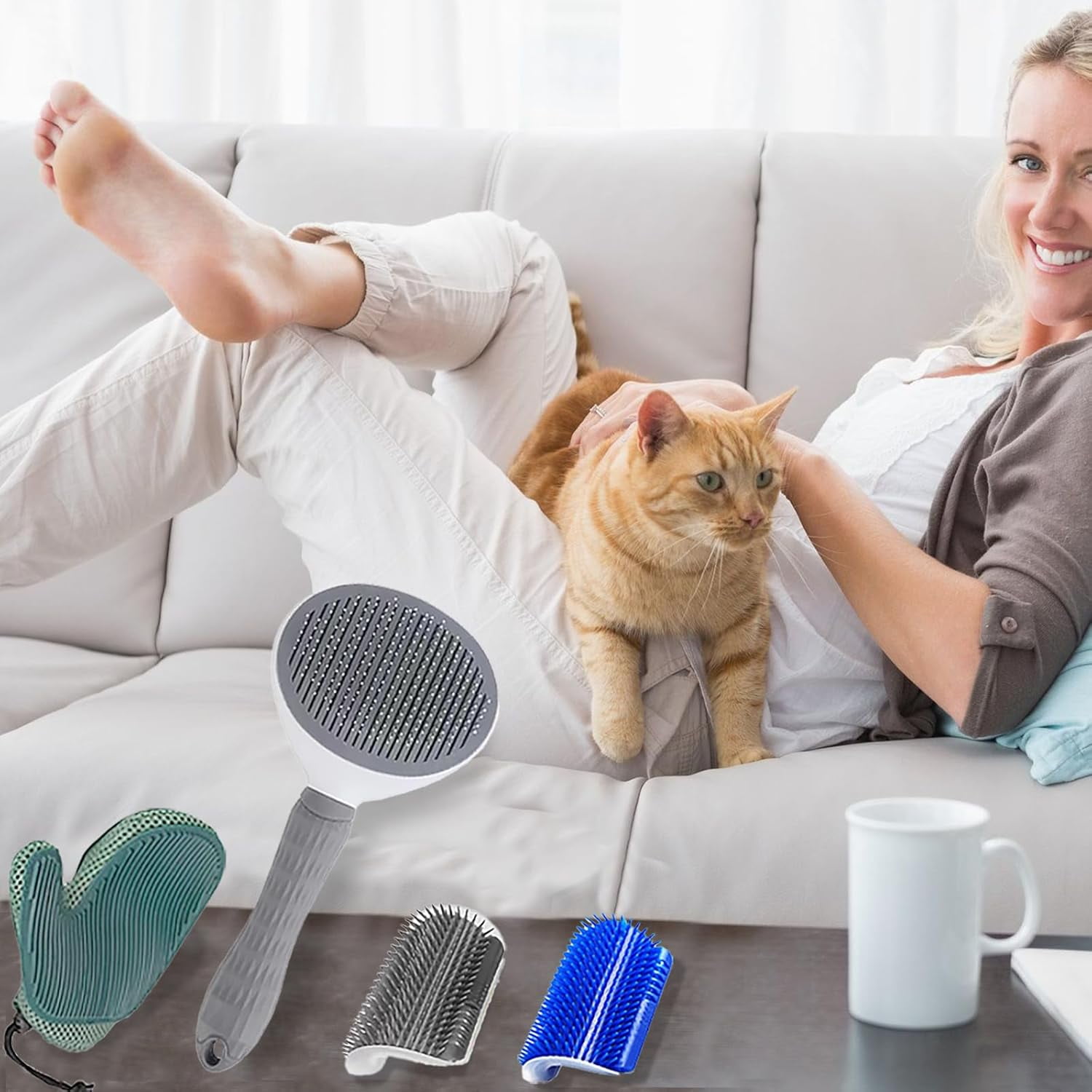 4 Pcs Cat Grooming Kit: Self-Cleaning Slicker Cat Brush, Deshedding Glove, and Cat Corner Massagers for Effortless Shedding, Detangling, and Relaxing Massage