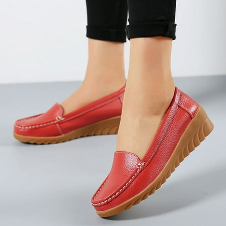 

Cathalem Womens Comfort Walking Flat Loafer Slip On Leather Loafer Comfortable Flat Shoes Outdoor Size 8 Sandals Women Wedge Red 8.5