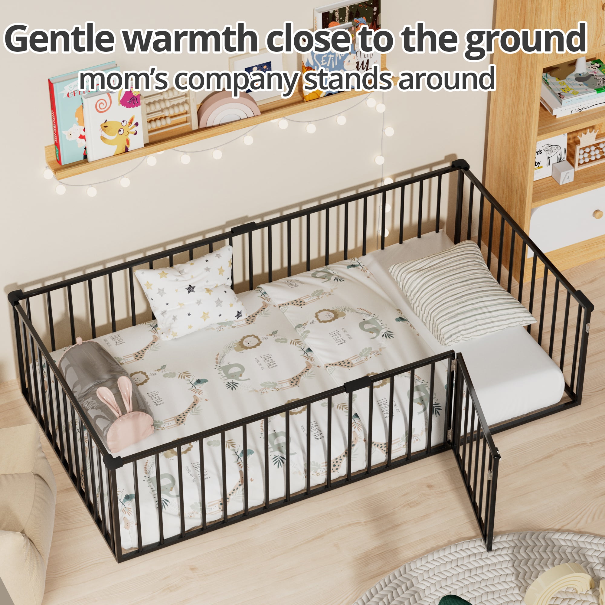 Twin Size Floor Bed for Kids and Toddlers, Metal Montessori Floor Bed with 21.7" High Full-Length Fence and Door, Safety Montessori Bed Frame for Kids Girls and Boys, No Slats Supports, Black