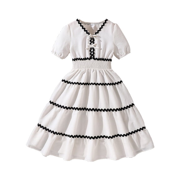 XEGLSBU Dresses for Girls Size 6 Kids Girls Lace Trim Dress with Bow Short Sleeve Ruffle Hem Party Gown for Summer White Size 10-11 Years