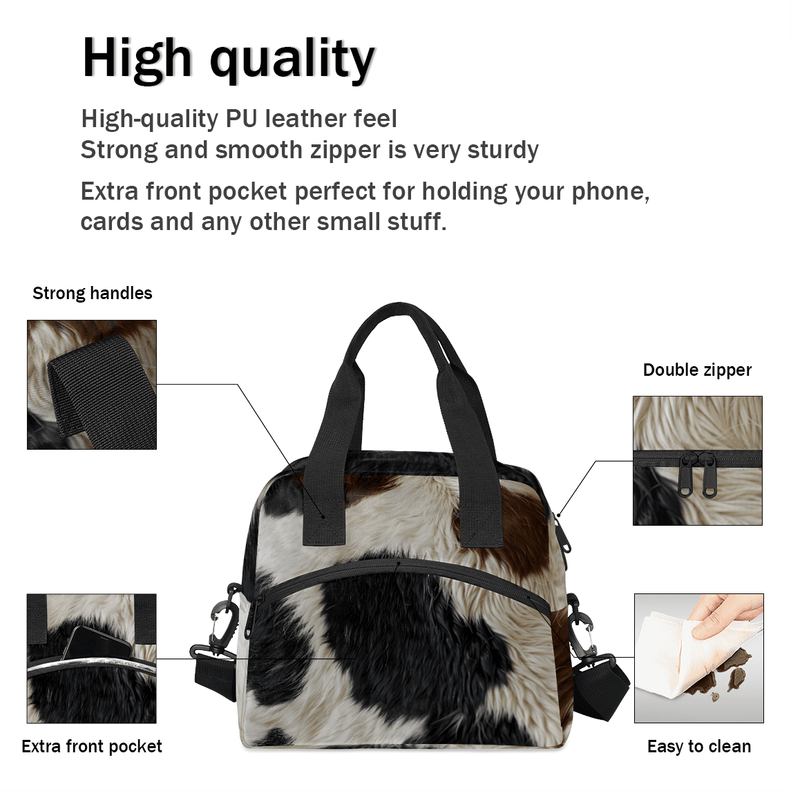 Herdesigns Brown Cow Insulated Lunch Bag for Women Men Adults Large Reusable Lunch Box Leakproof Portable Cooler Tote Bags with Adjustable Shoulder Strap