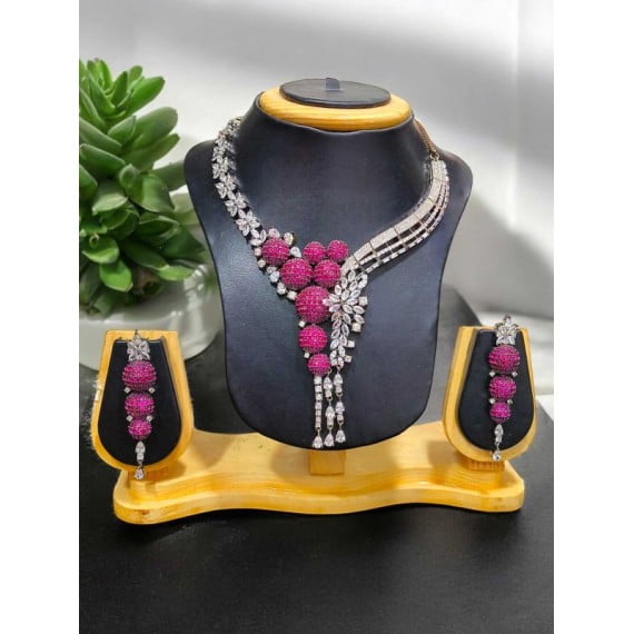 Designer Cubic Zirconia Necklace Set with Earrings – Statement Bridal Jewelry