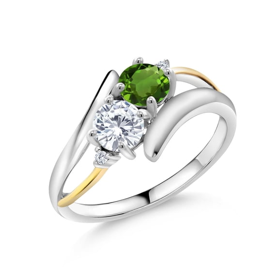 Gem Stone King 925 Sterling Silver and 10K Yellow Gold Round Green Chrome Diopside and Moissanite Women Ring (1.02 Cttw, Size 6)
