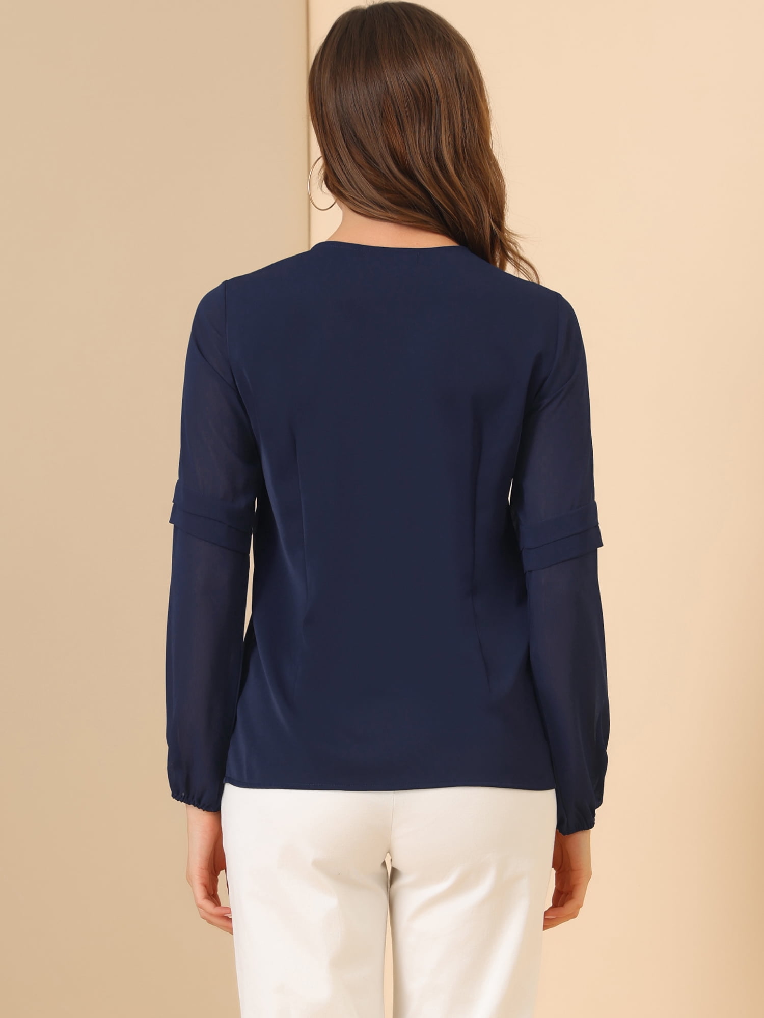 DARING DIVA Chiffon Semi Sheer Long Sleeves Keyhole Neck Blouse 2XL Dark Blue