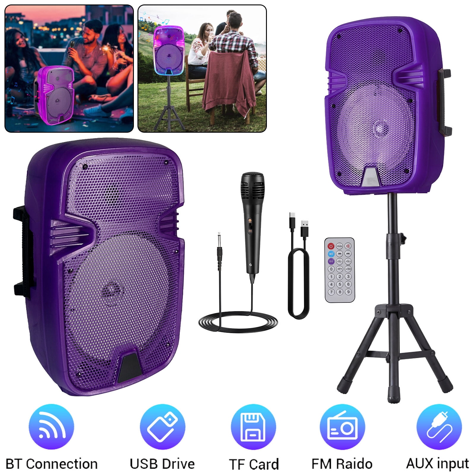 Portable Bluetooth Speaker 8" Woofer w/ Tripod Stand Microphone Remote Control Purple LED Clear Shell